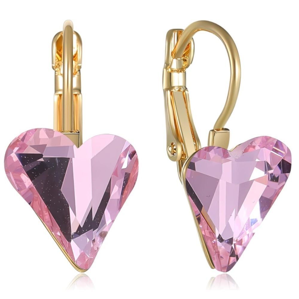 14K Yellow Gold with Pink Sapphire Austrian Crystal Heart Leverback Earrings